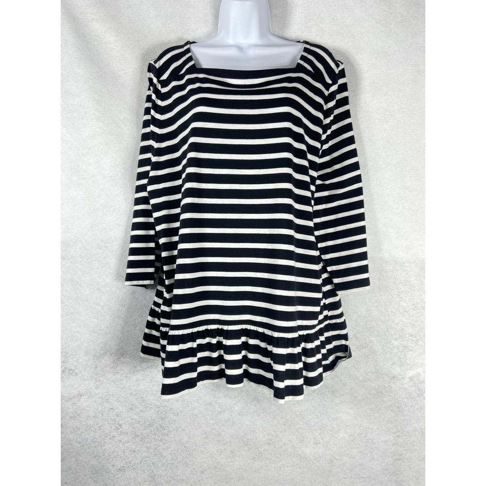 Talbots Top Women's 2X Black White Peplum Striped Long Sleeve Nautical New